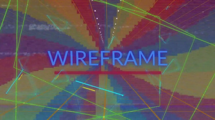 Animazione di piani arcobaleno wireframe con glitch di strisce ciano che mostrano la scritta WIREFRAME blu sottolineata in rosso