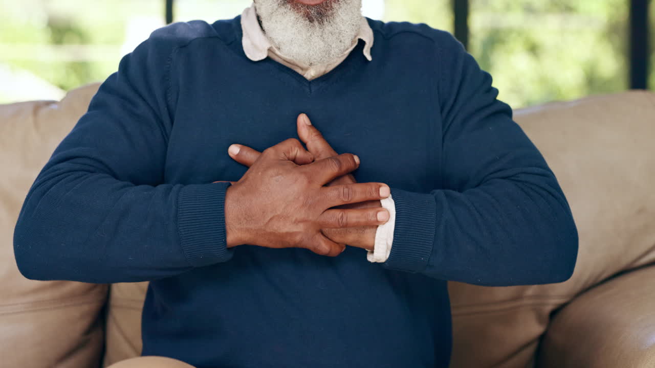 Heart attack, pain and senior man in home