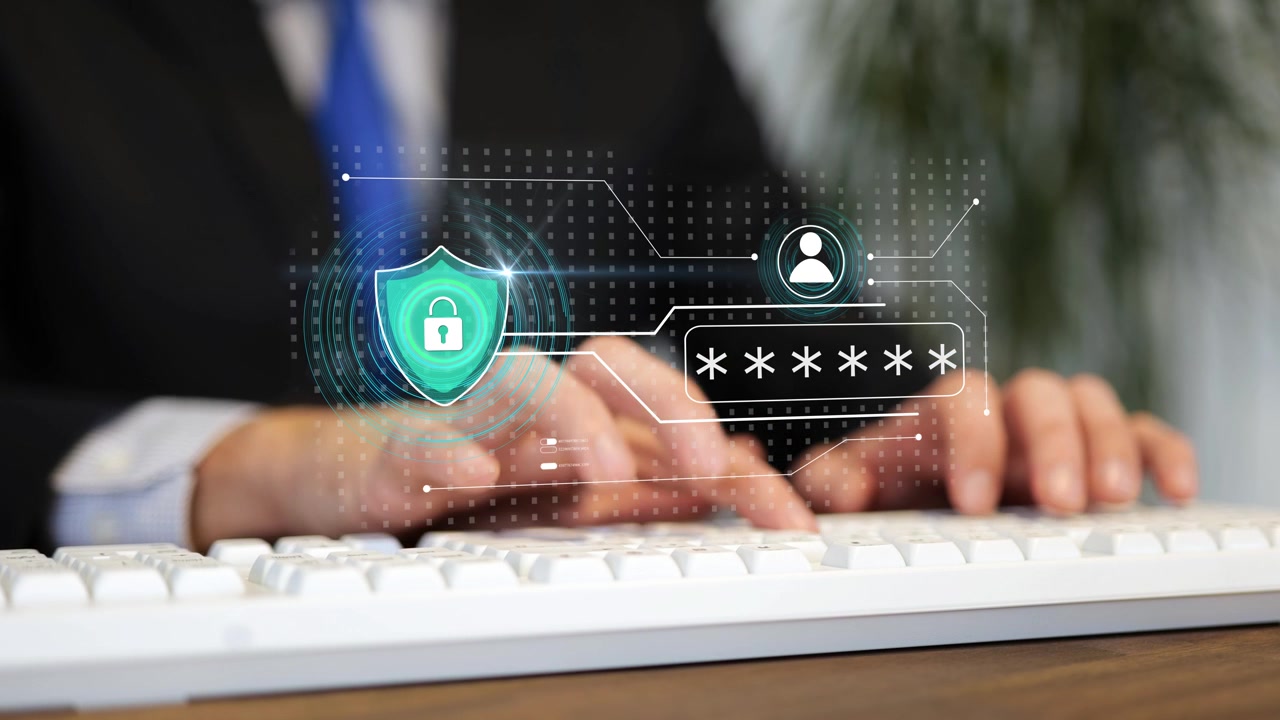 Close-up of businessman typing password on keyboard. Digital cybersecurity, secure login process, data protection, network safety and privacy concept for corporate business