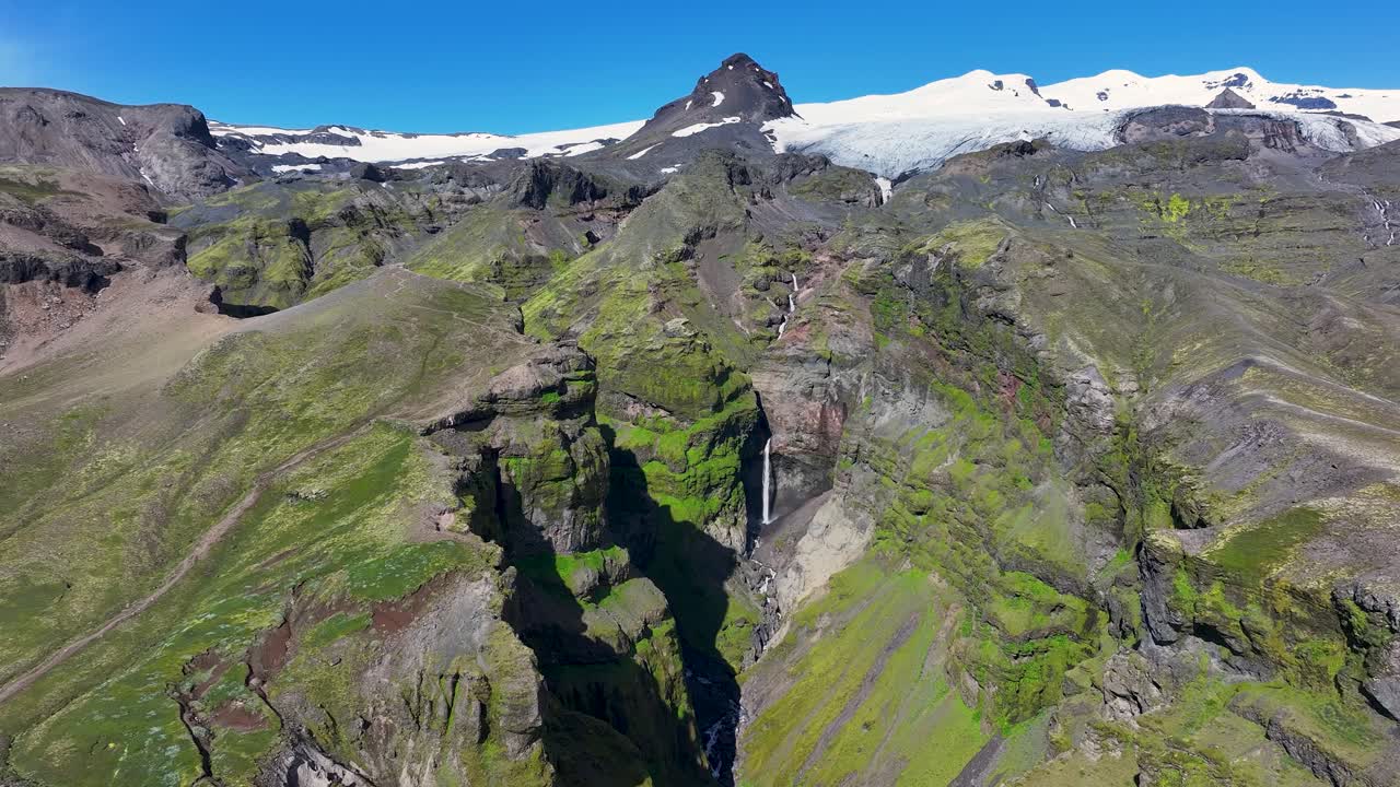 Aerial View Of Mulagljufur Canyon With Mossy Cliffs And Waterfalls In Summer In Iceland