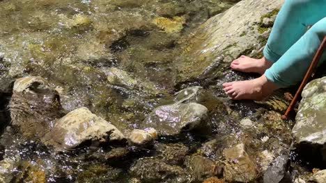 a beautiful stimulant woman legs white skin foot fetish concept in riverside spring season joyful natural landscape of scenic human being middle east chubby fetish water flow stream forest wonderful