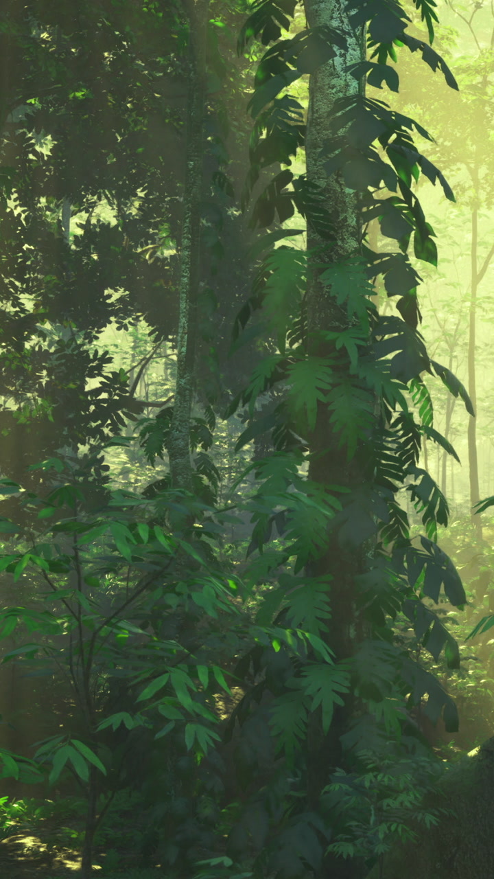 Una lussureggiante foresta verde con alberi alti e la luce del sole che filtra attraverso il fogliame