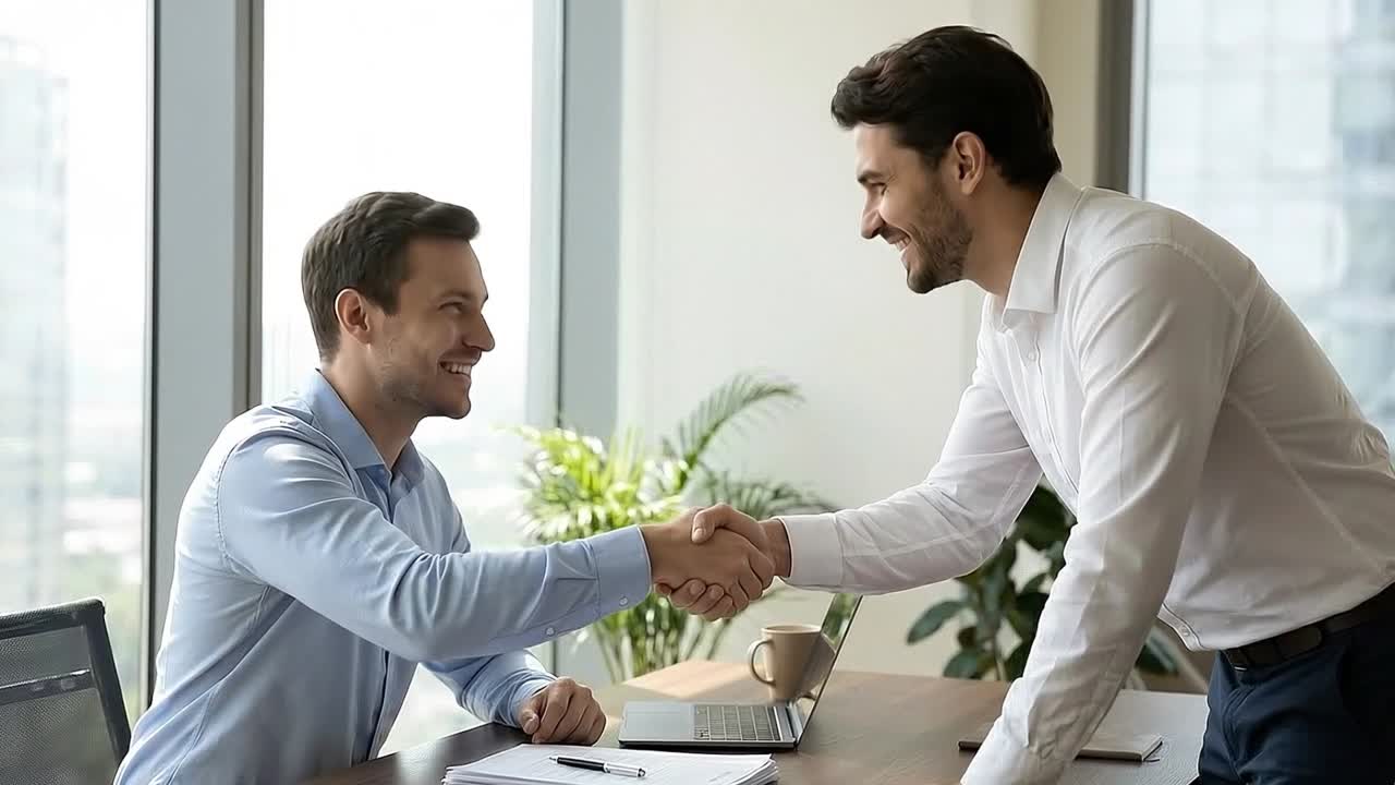 Due professionisti si stringono la mano attraverso la scrivania in un ufficio luminoso, concludendo un accordo di successo