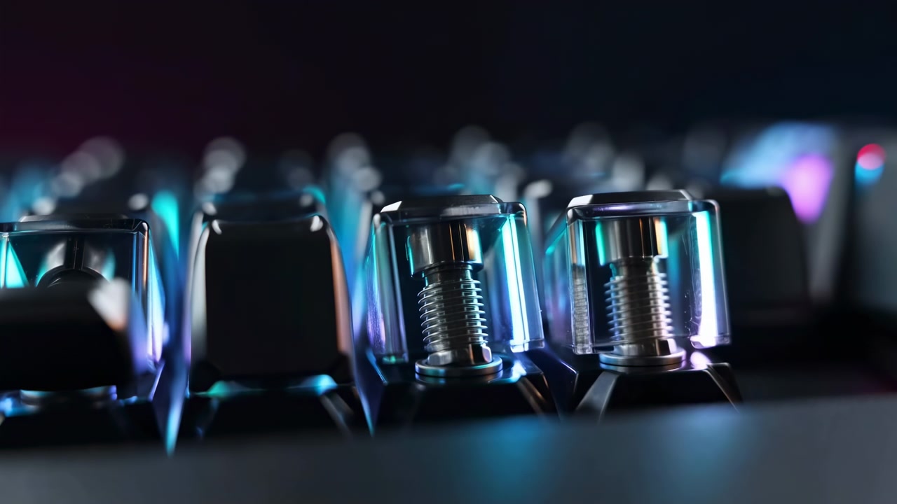 Rows of adjacent keycaps removed to reveal transparent switch housings, coiled springs, and glossy stems on keyboard deck, lit by cyan, blue, and magenta glow in dark shallow focus scene