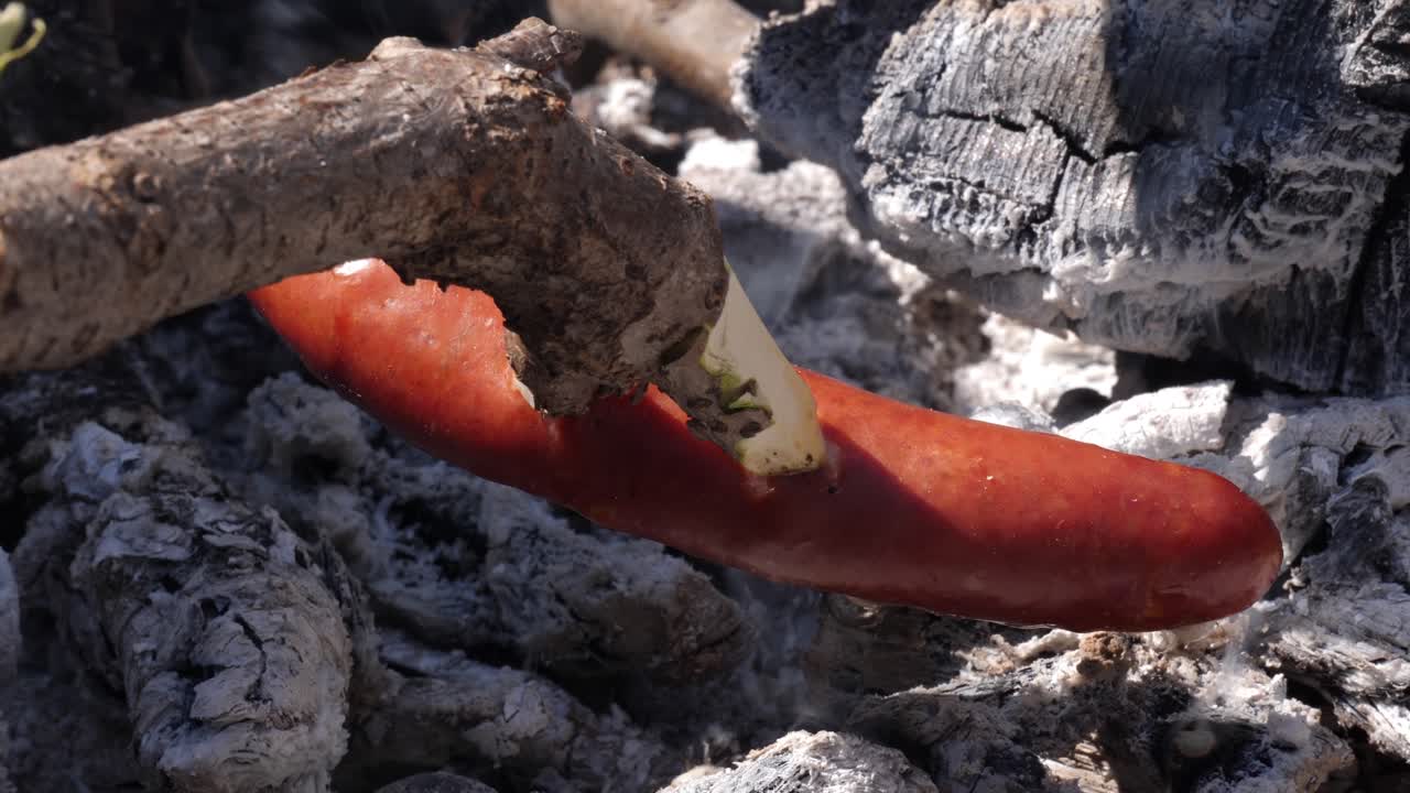 모닥불에서 뜨거운 석탄 위에 빨간색, 갈색 소시지 굽기