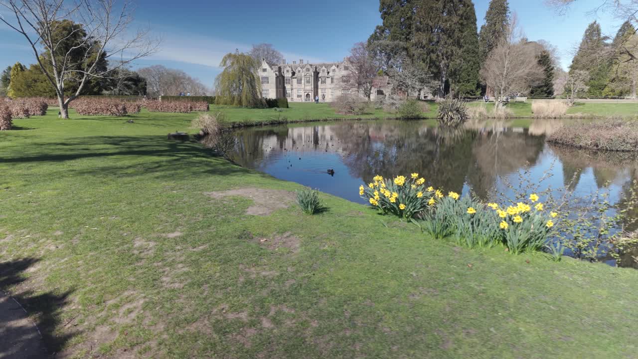 Moving past pond with ducks and daffodils toward historic mansion at Wakehurst.