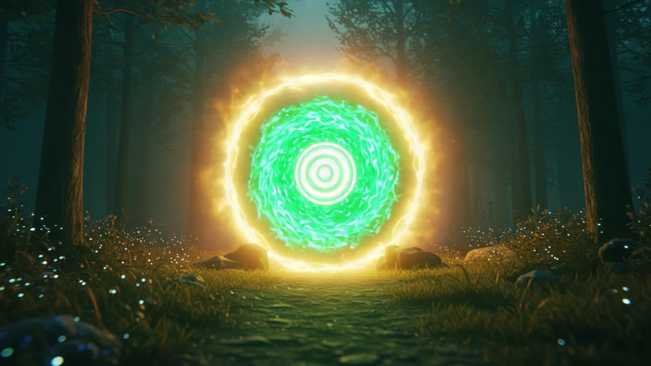 A Mysterious Portal Lit by Electric Energy Surrounded by a Serene Forest, Inviting Adventurers to Step into the Unknown Realms Beyond the Veil of Reality
