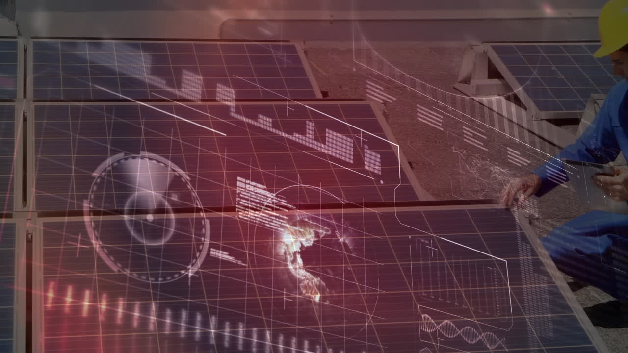 Animation of data processing over caucasian male engineer checking solar panels installed on terrace