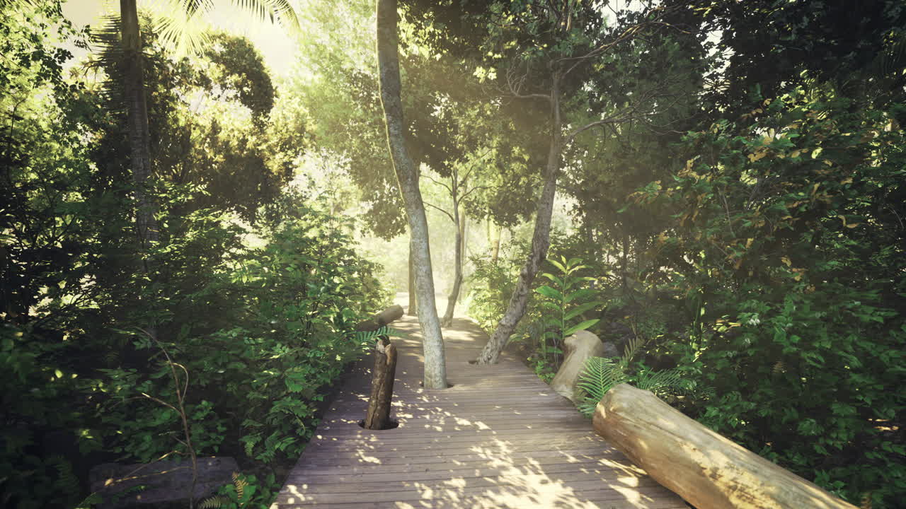 Winding path through a lush tropical forest bathed in golden sunlight