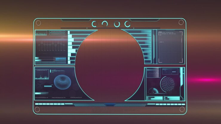 Animation of data processing over light trails on purple background