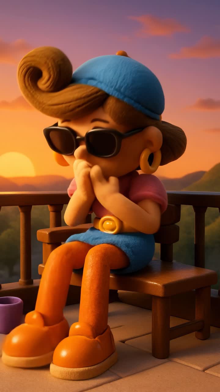 Personaggio in plastilina con occhiali da sole seduto su una panchina al tramonto