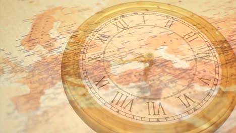 Animación-De-Un-Reloj-Antiguo-Que-Se-Mueve-Rápidamente-Sobre-Un-Mapa-Mundial-Antiguo-Que-Gira