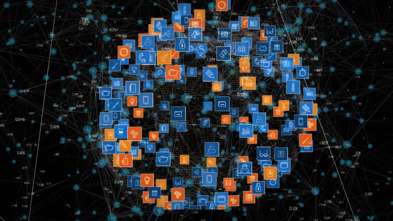 animación de la red de conexiones con iconos y procesamiento de datos