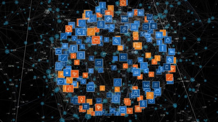 Animation of network of connections with icons and data processing