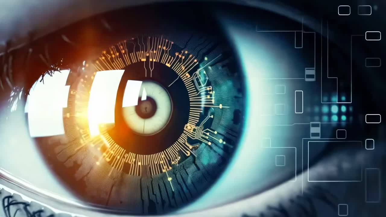 Close-up video concept of a human eye with digital circuit patterns, captured from a frontal angle