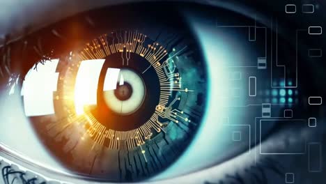 close-up video concept of a human eye with digital circuit patterns, captured from a frontal angle