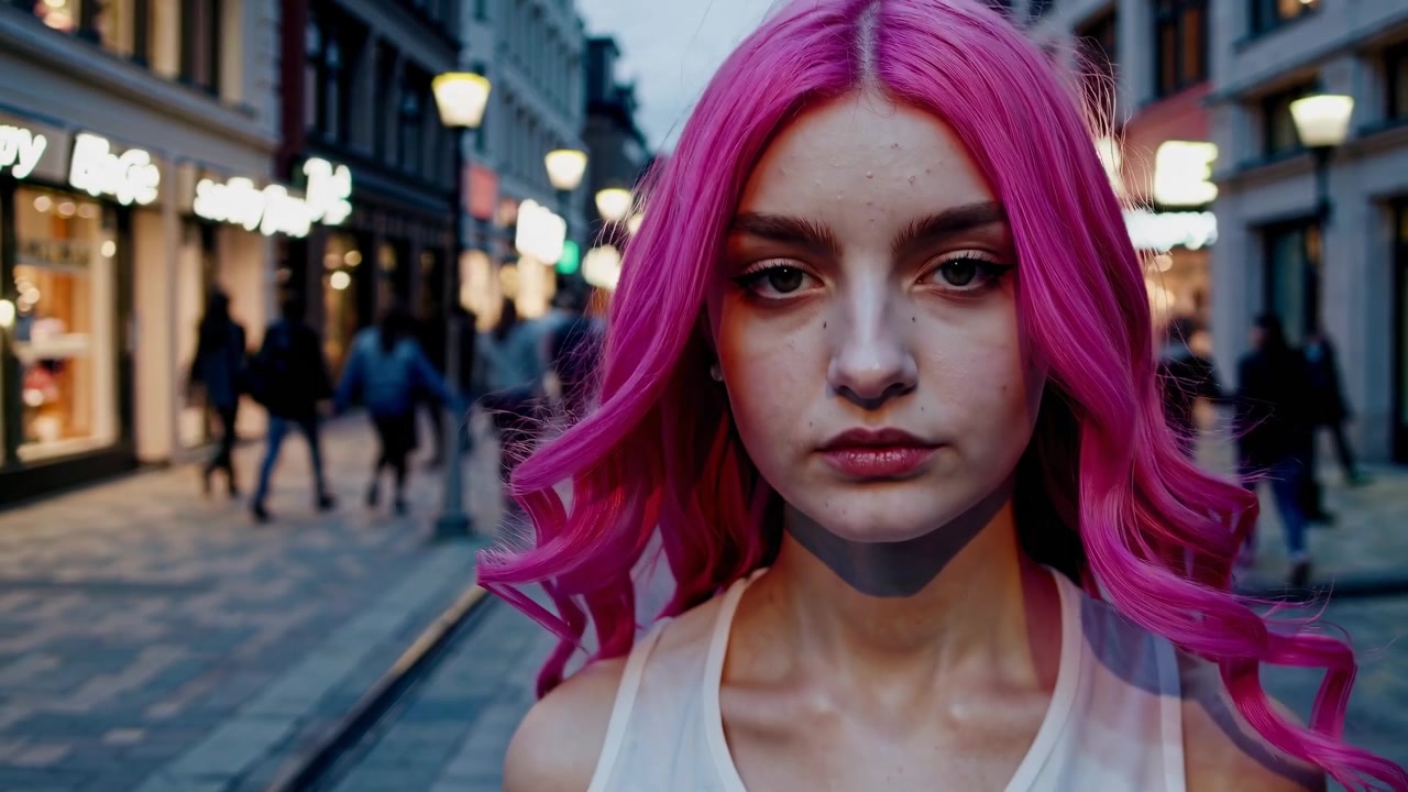 Giovane donna con i capelli rosa che cammina per una strada cittadina