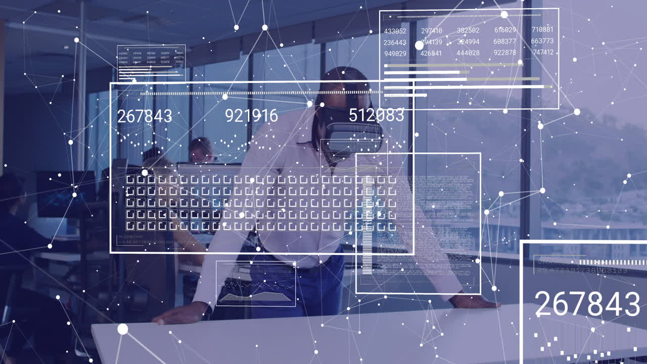 Animation of data processing over african american businessman using vr headset in office