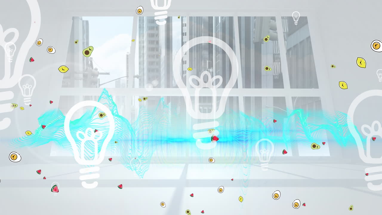 도시 풍경 위의 음식 아이콘과 전구의 애니메이션