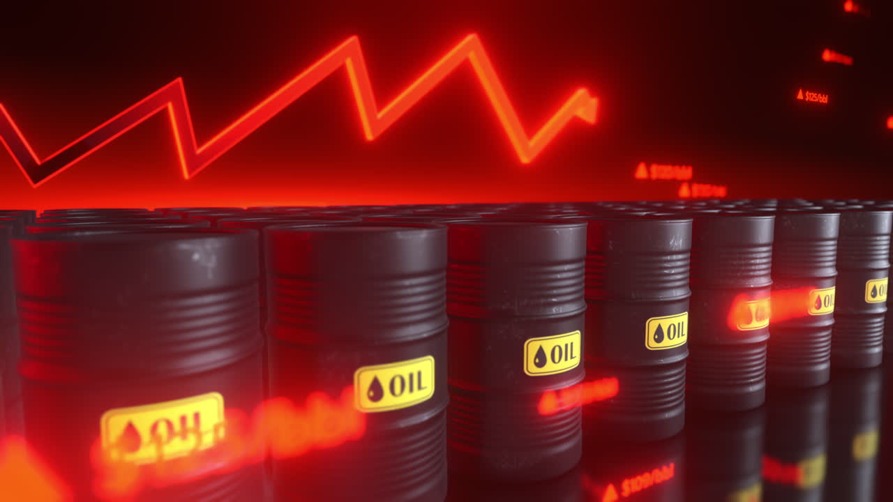 Rendering 3D del concetto di shock petrolifero e crisi energetica globale. Barili neri, grafico di mercato rosso incandescente con volatilità dei prezzi. Simboleggia l'impatto della guerra, la recessione economica e la carenza di carburante. Illuminazione cinematografica ad alto dettaglio.