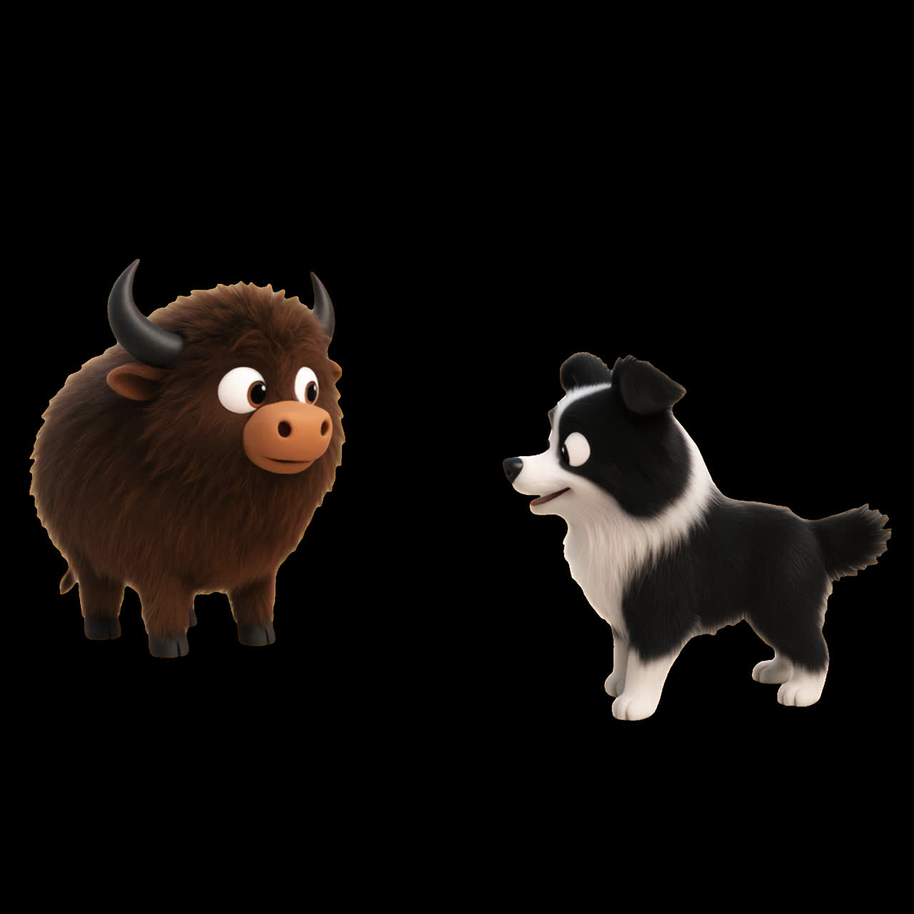 Cartoon animals playful interaction animation isolated asset, transparent 4K video, alpha channel