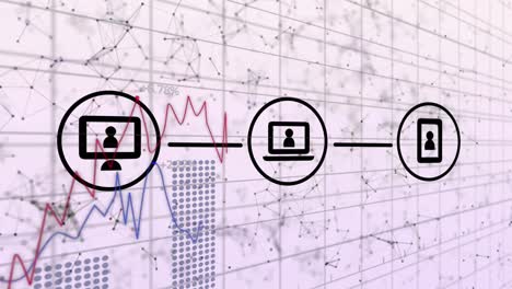 Digital-icons-over-network-of-connections-against-financial-processing-on-white-background