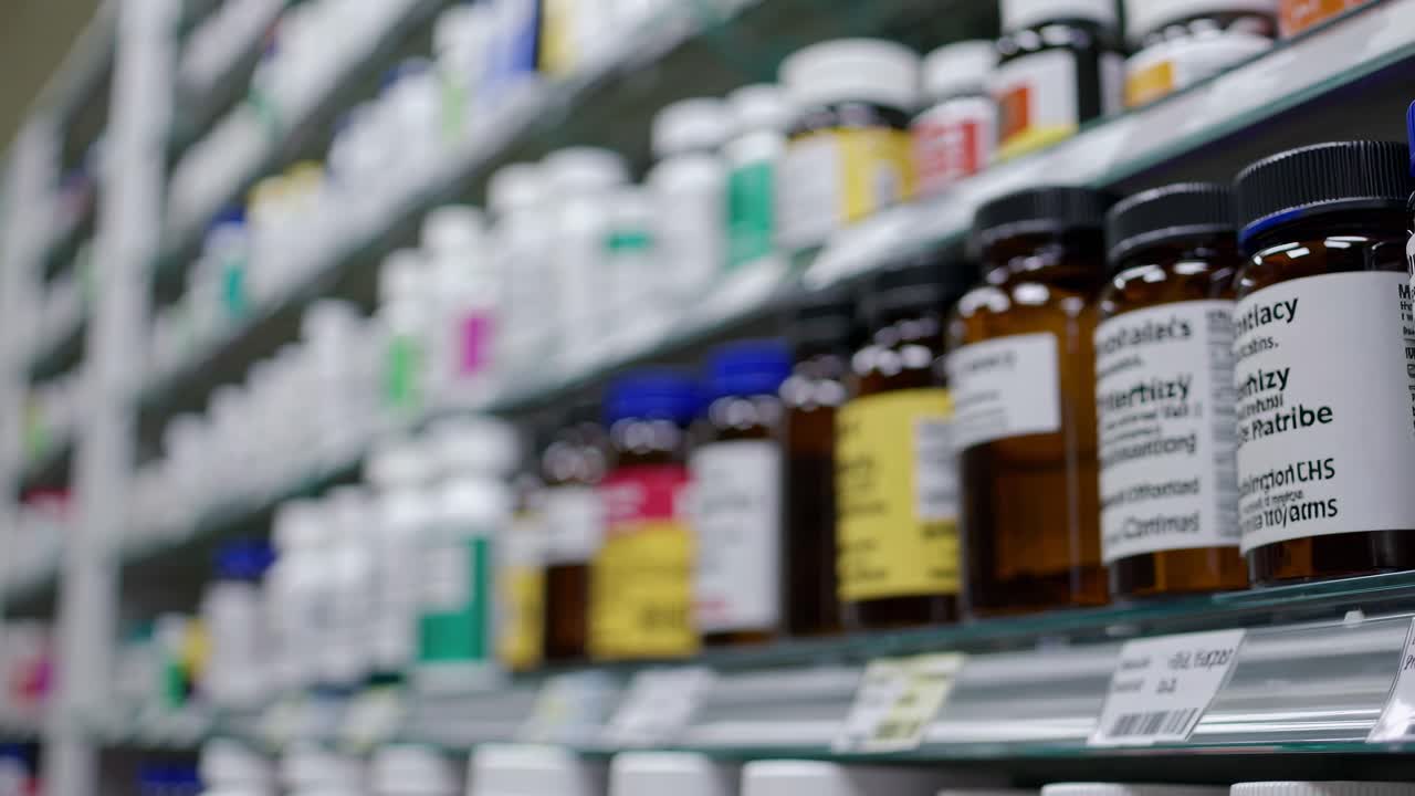 Close-up video shot of pharmacy shelves filled with medicine bottles, captured at an eye-level