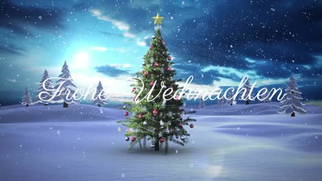 animación de los saludos de la temporada texto sobre la nieve cayendo y árbol de navidad en el paisaje de invierno
