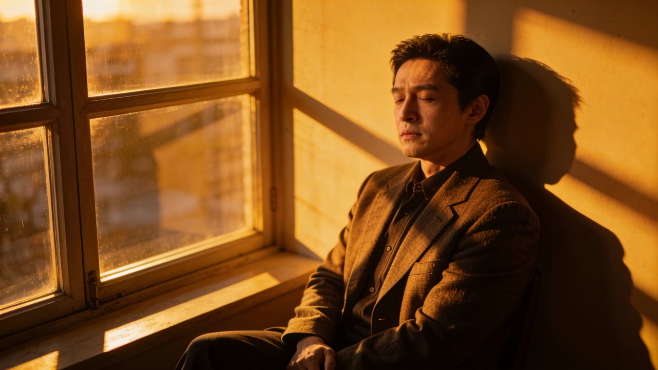 Reacting to sunlight, Asian man in brown blazer shifting gaze on window ledge, with pane shadows
