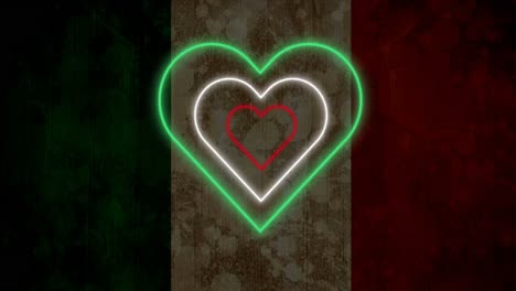 Animation-of-red-white-and-green-concentric-neon-hearts-flashing-on-italian-flag-background