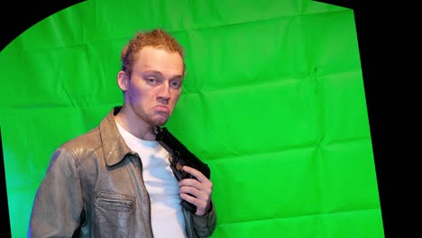 fake-stupid-policeman-scratching-head-with-gun---greenscreen-effect-2