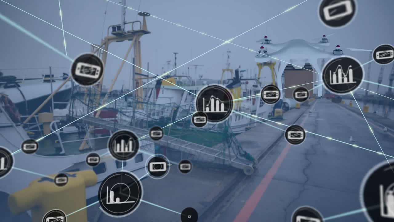 animación de la red de conexiones a través del puerto y el dron