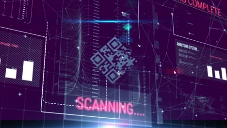 Animation-Von-Punkten,-Die-Mit-Linien-über-Dem-QR-Code-Und-Den-Grafiken-Verbunden-Sind