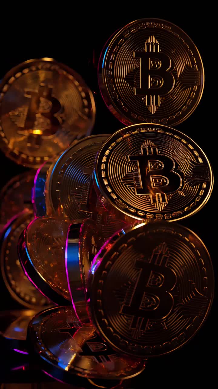 Animazione rotante di Bitcoin dorato su sfondo scuro, criptovaluta cinematografica 4K.