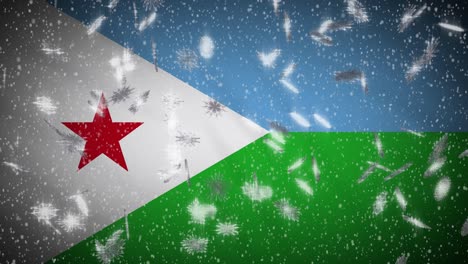 djibouti flag falling snow loopable, new year and christmas background, loop