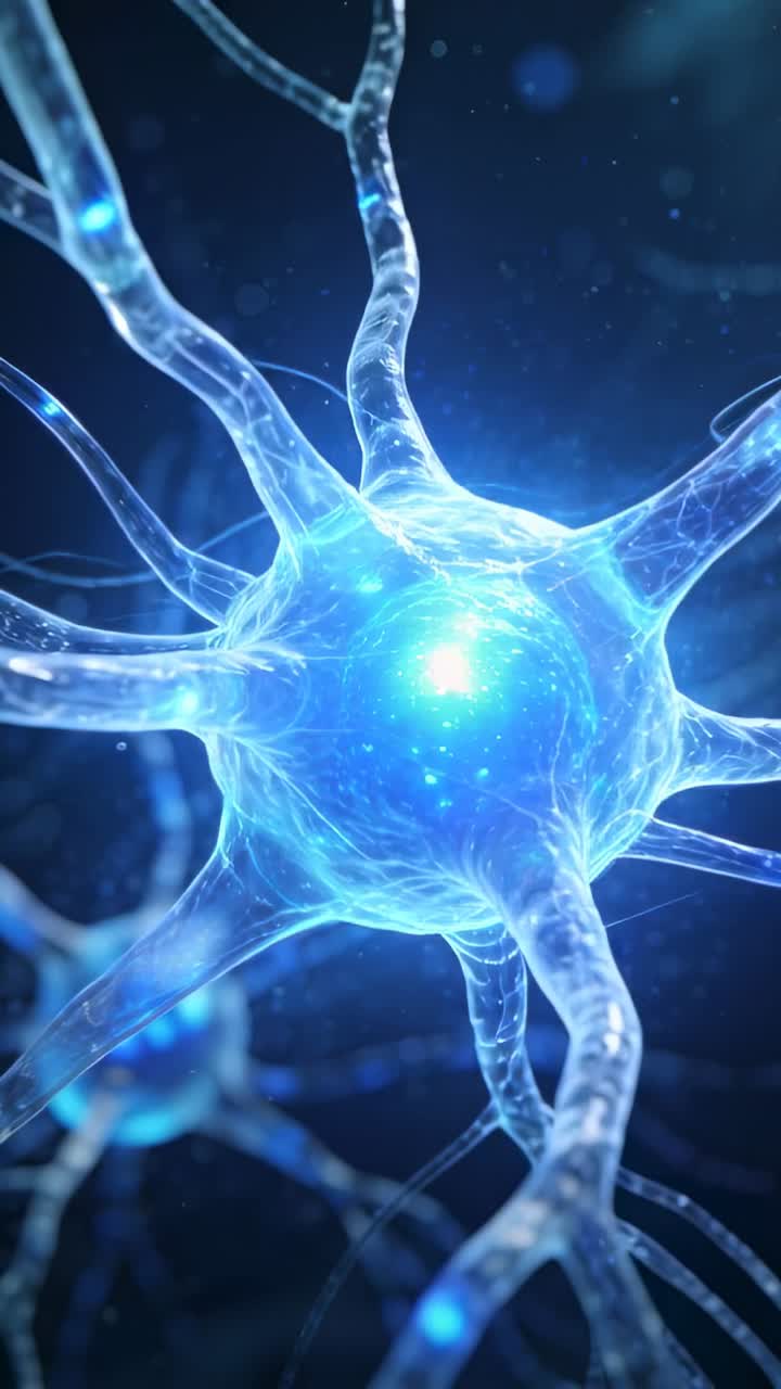 Vertical video: Receiving signals, neuron soma firing and sending signal along arms in micro view
