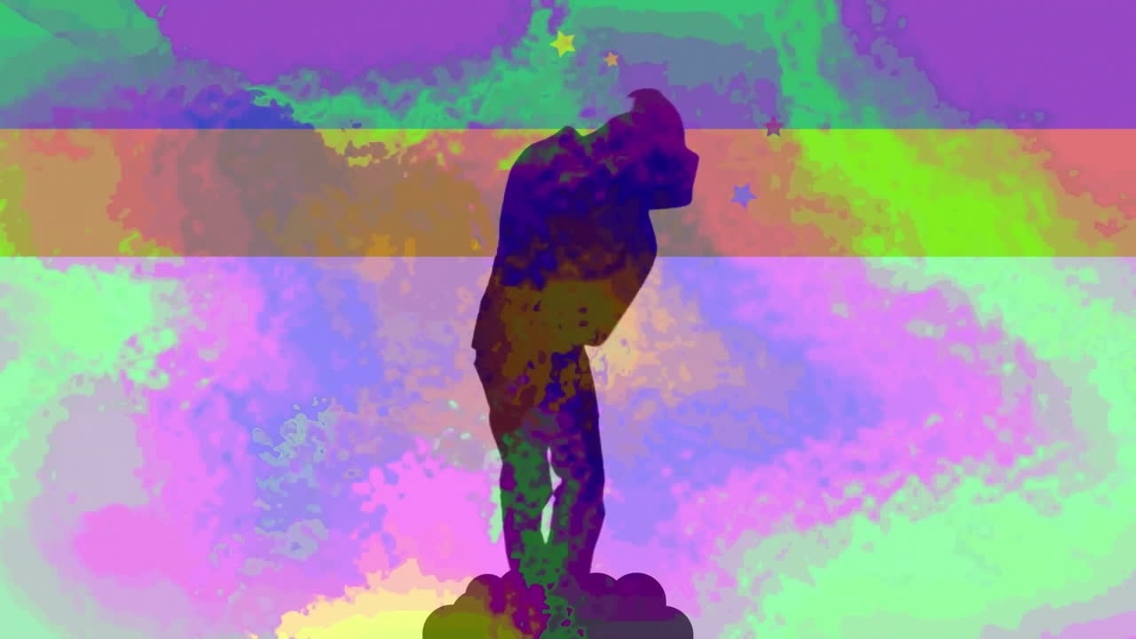 Standing over colorful abstract background, person with vibrant stripes in animation
