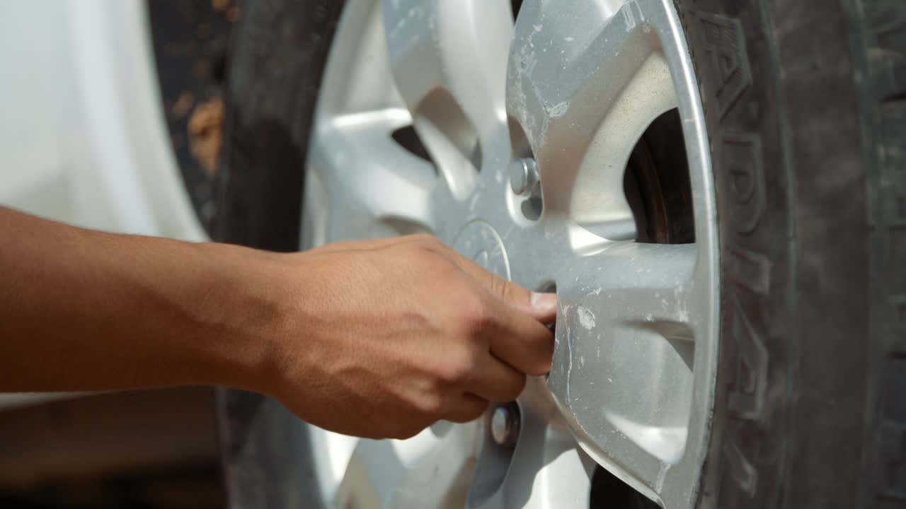 Static low close-up hand held shot of a Caucasian male tourist in Africa as he hand tightens lug nuts with a lug wrench on a spare tire of a off-road vehicle after having a flat tire
