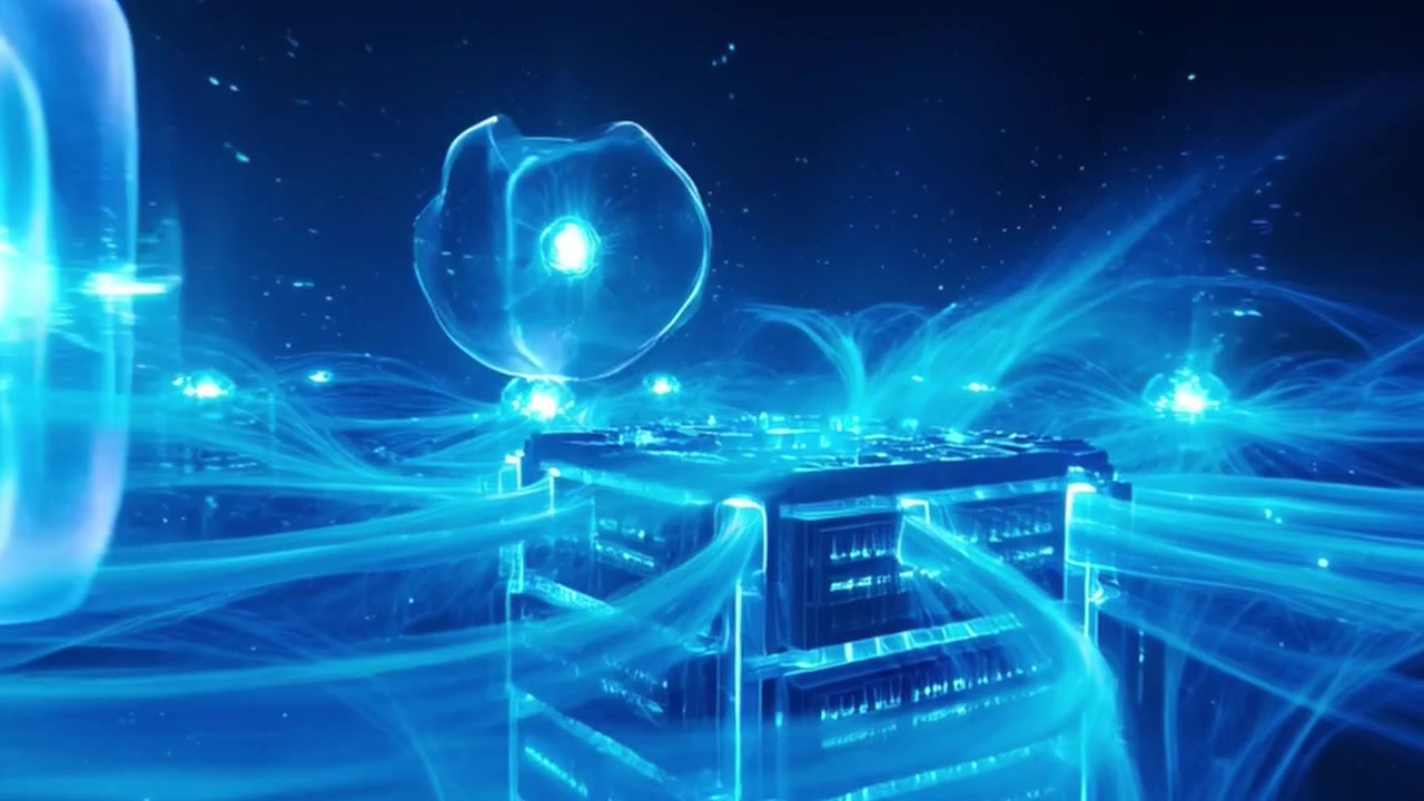 Digital Data Network Hub with Glowing Energy Nodes and Data Streams