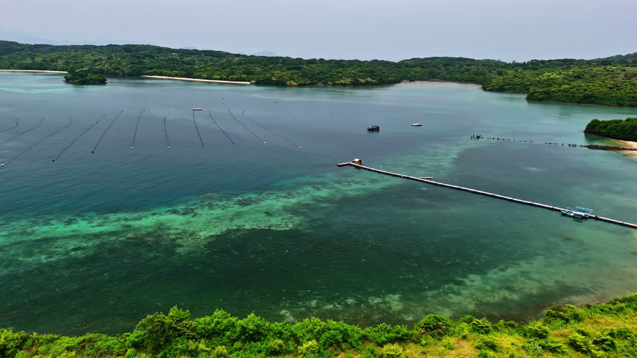Panoramic aerial view of the entire pink beach bay on the island of Lombok, Indonesia
