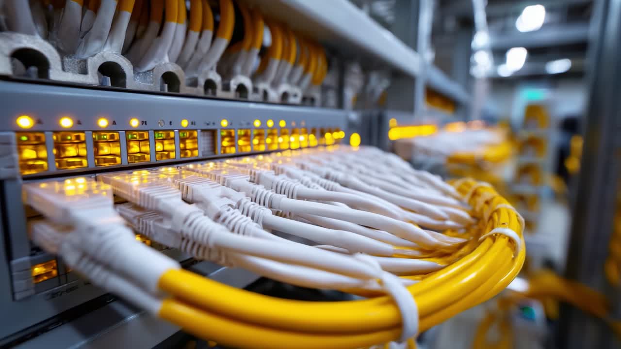 Close-up of network infrastructure featuring organized yellow Ethernet cables connecting to various ports on a server rack, showcasing modern technology and connectivity