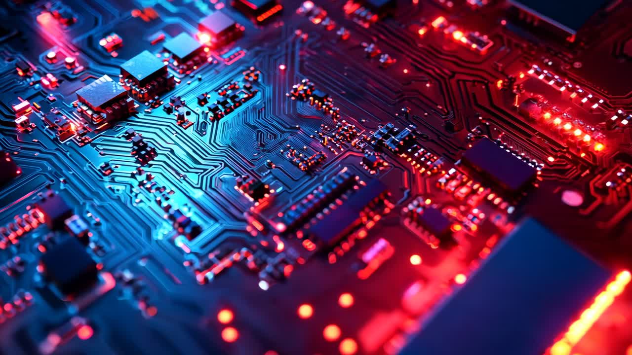 un primer plano de una placa de circuito de computadora con luces rojas y azules