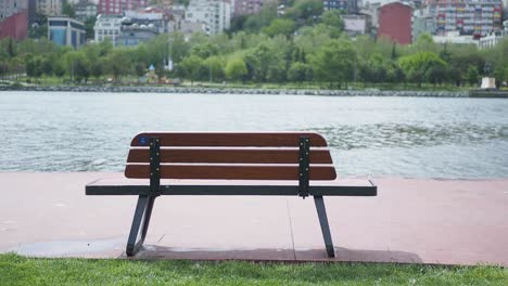 a lone bench overlooking a lake in a city park