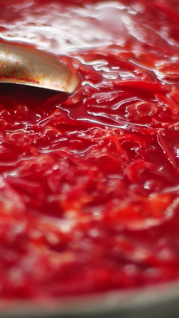 Close up of red soup (likely borscht) being prepared