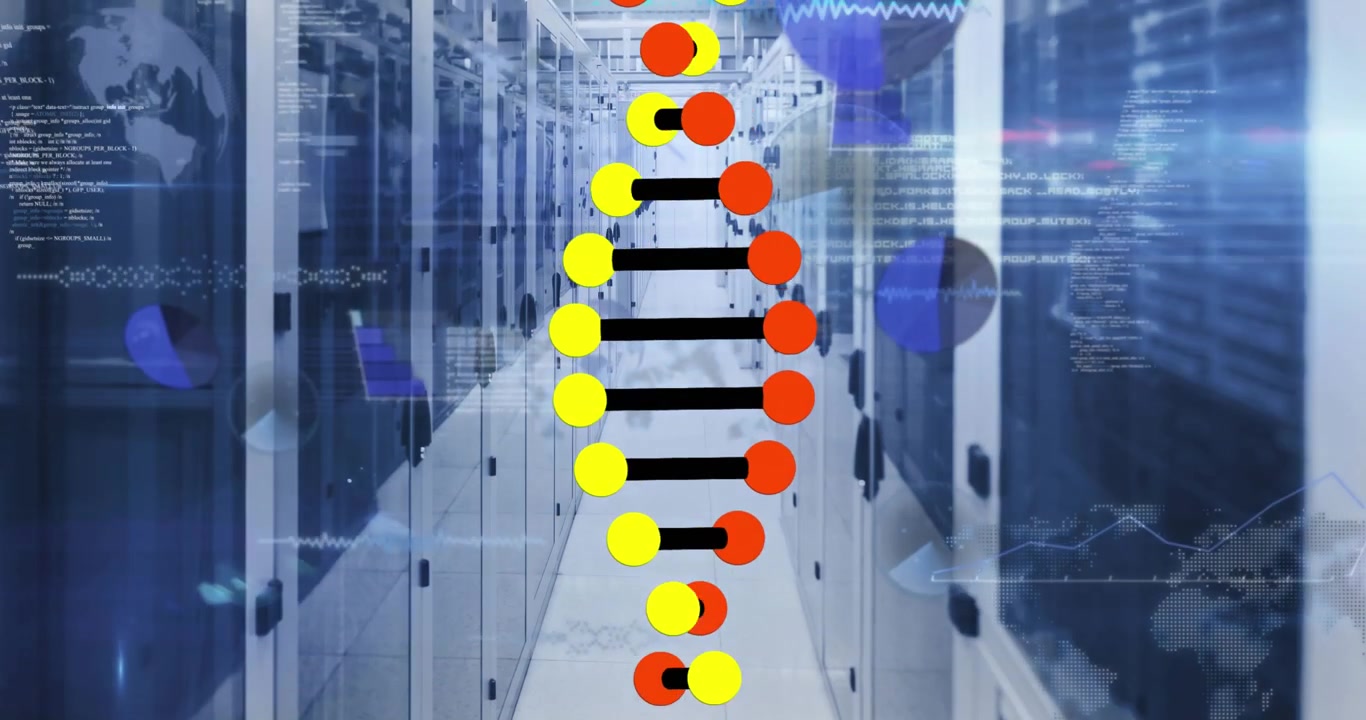 Animation of dna strand and data processing over server room