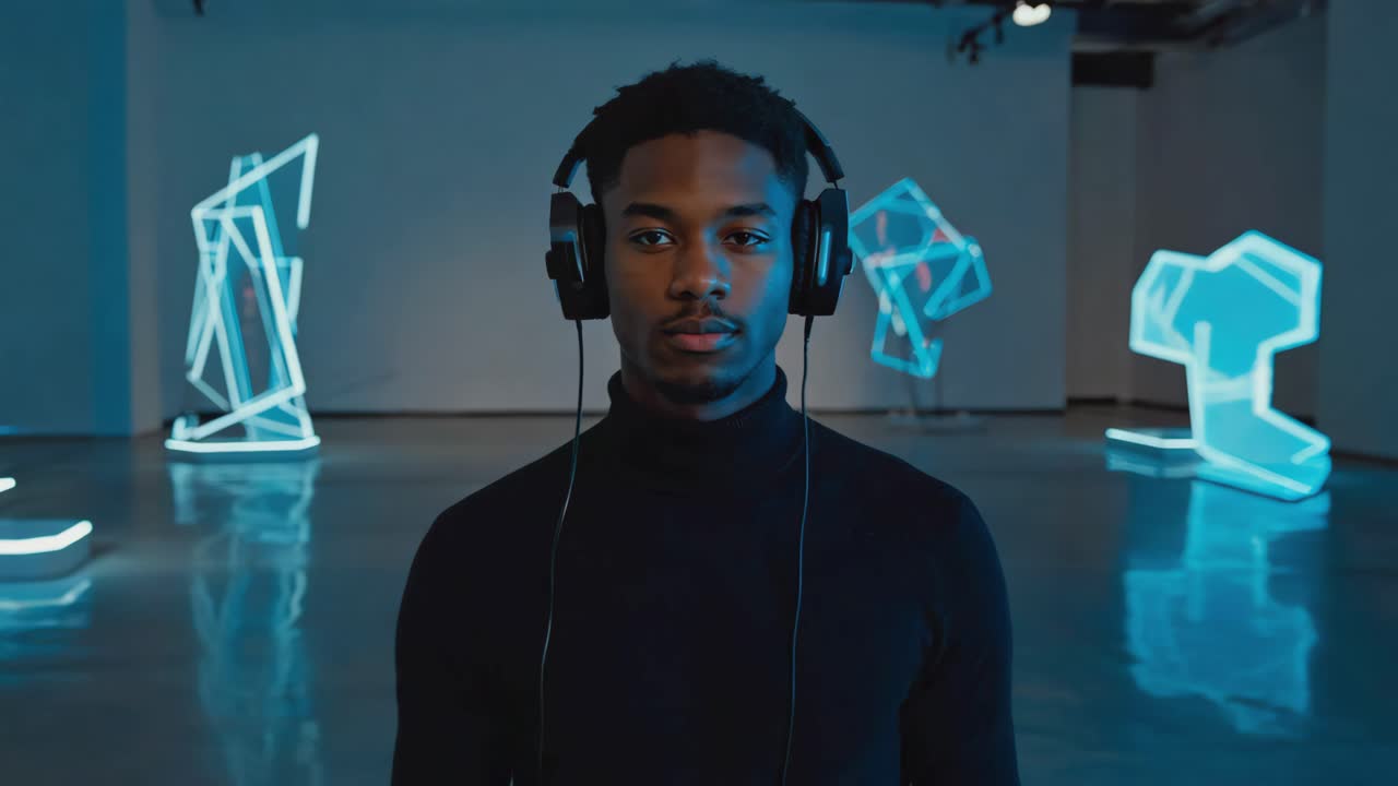 Man with headphones in modern art installation