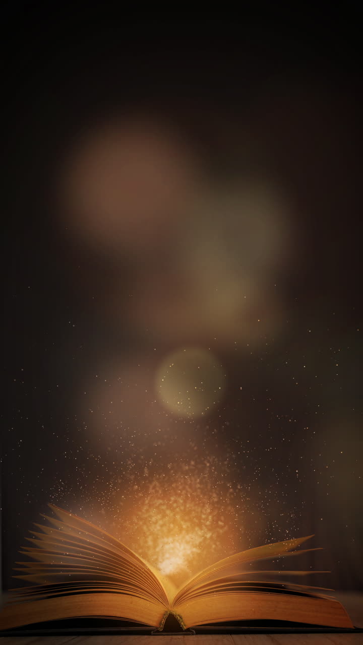 Mystery open book with shining pages. Fantasy book with magic light sparkles and stars. Vertical video.