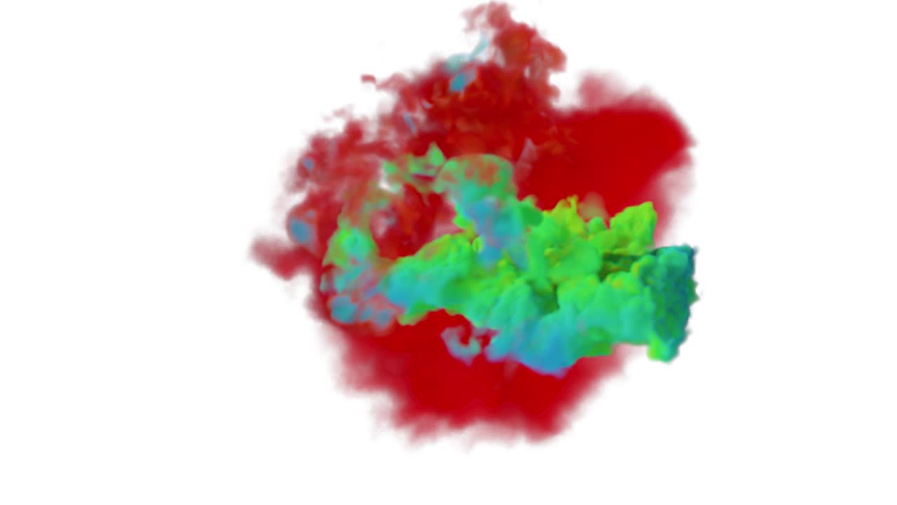 estallido de color iridescente multicolor colorido polvo de humo explosión partículas de tinta fluida movimiento lento alfa mate aislado en blanco