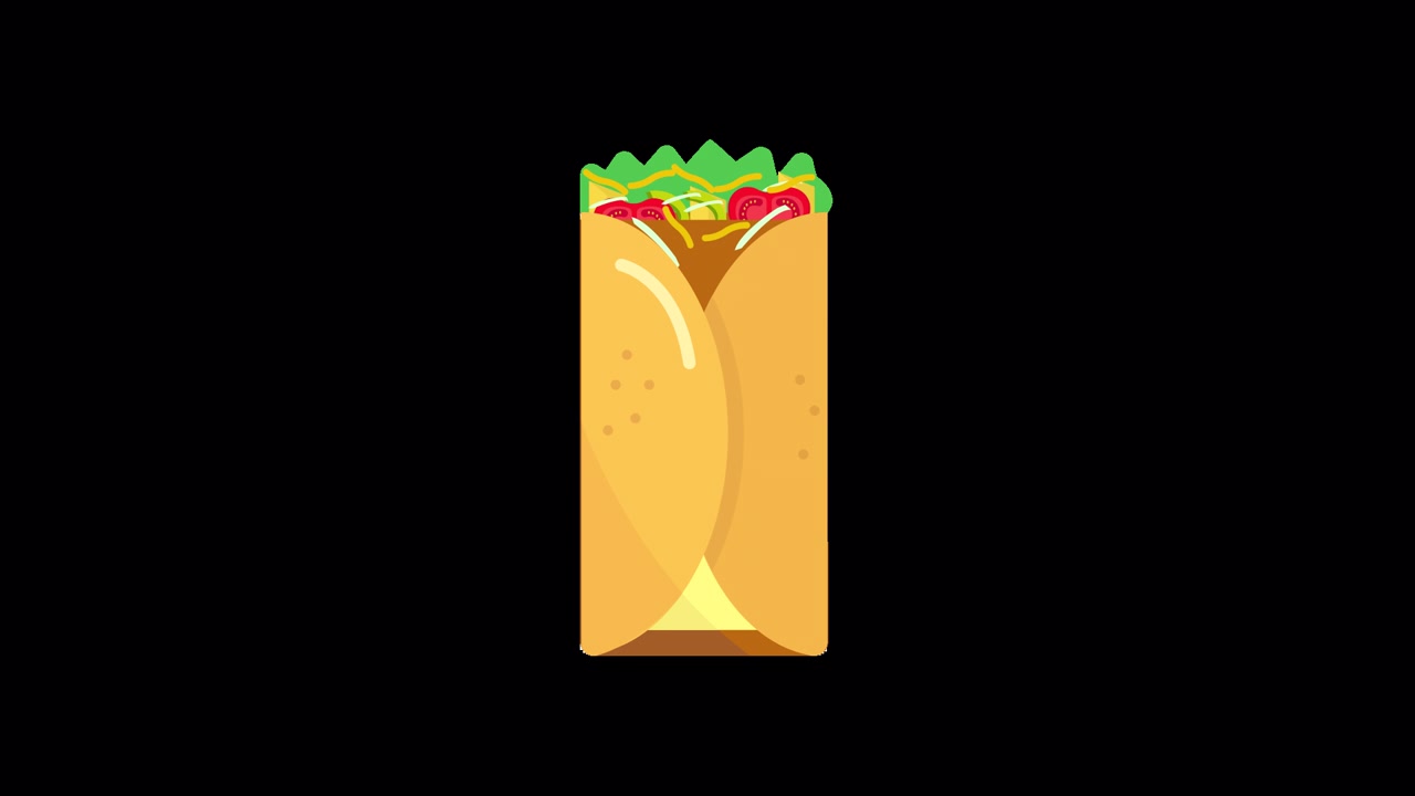Burrito animato con ingredienti freschi che ruota su sfondo nero