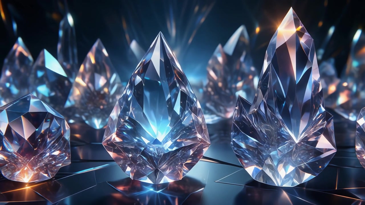 Gruppo di Cristalli Sfaccettati Brillanti su Superficie Riflettente